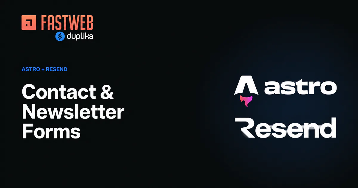 Portada de FastWeb sobre formularios de contacto y newsletter, con los logos de Astro y Resend.