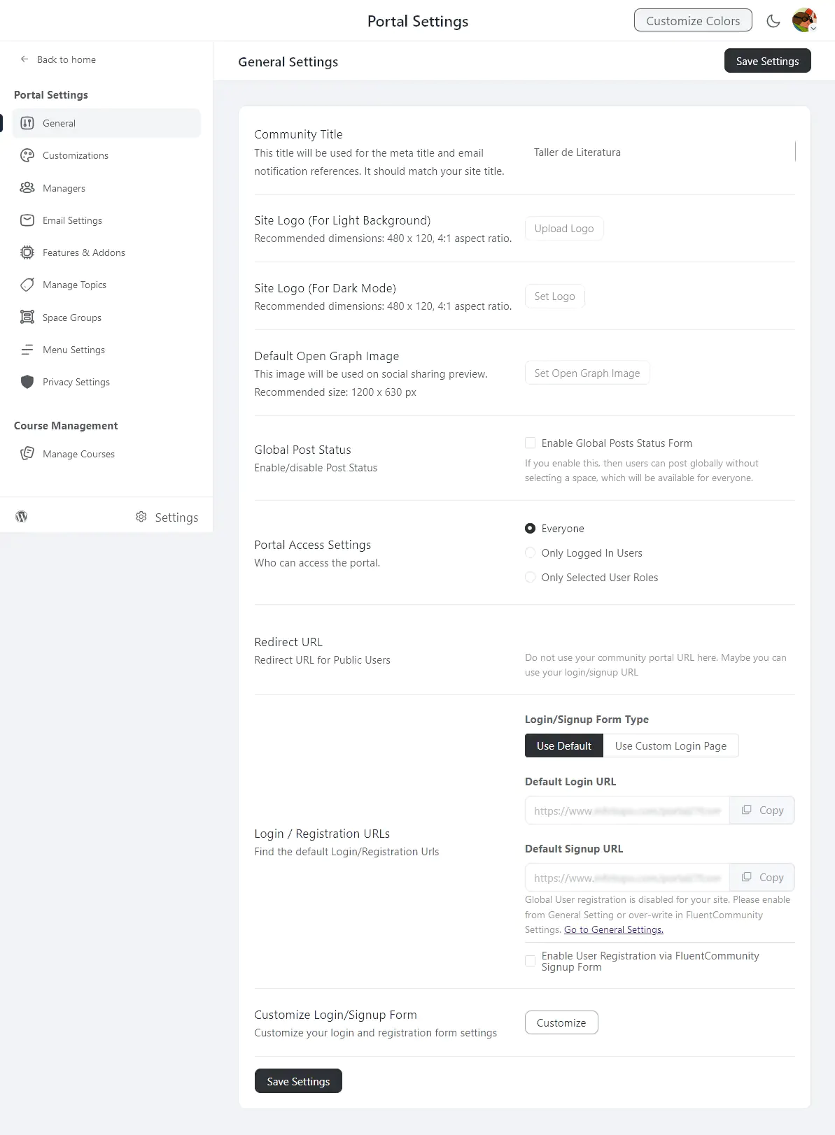 FluentCommunity portal settings for administration and configuration