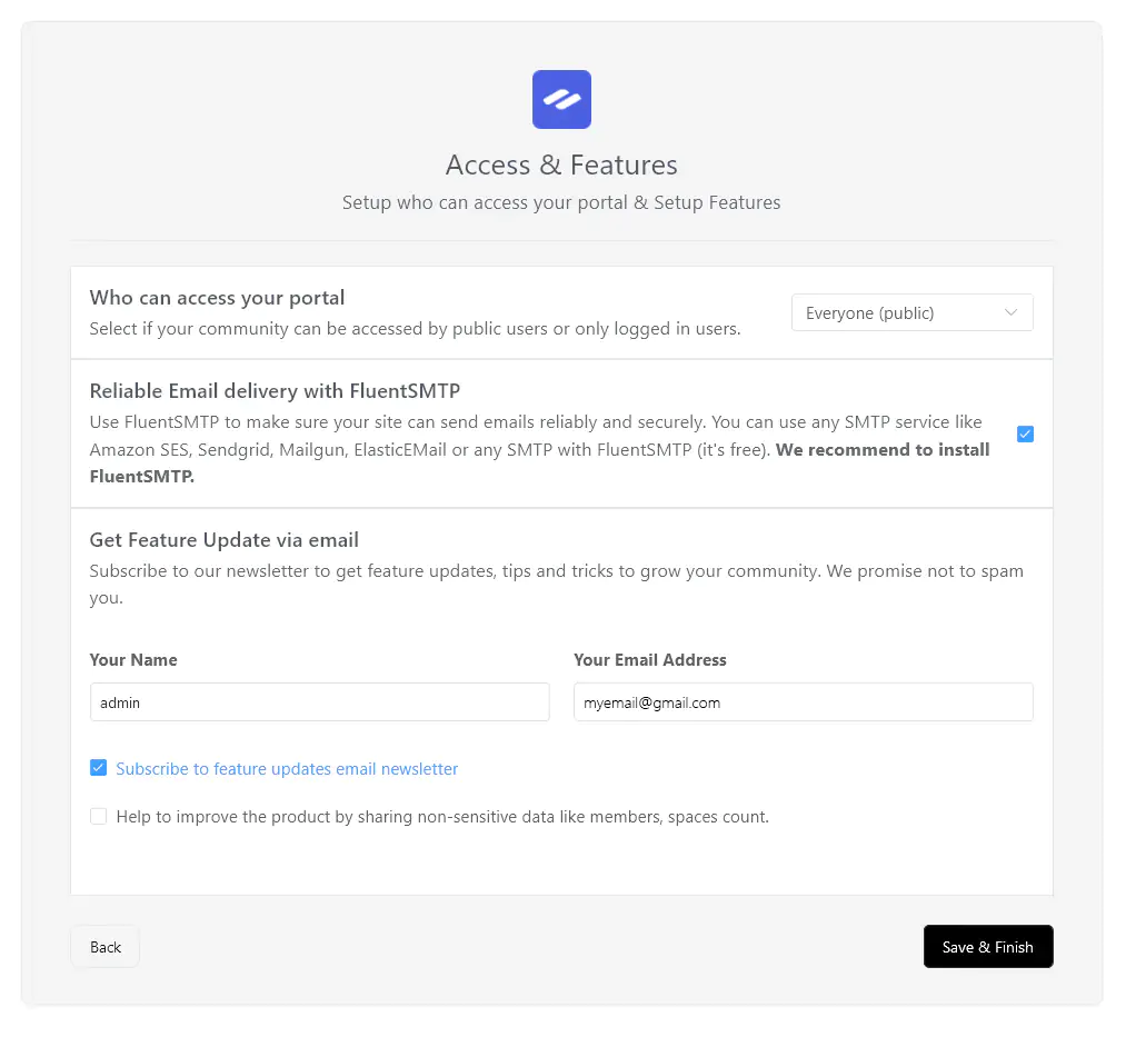 FluentCommunity onboarding access and integration settings