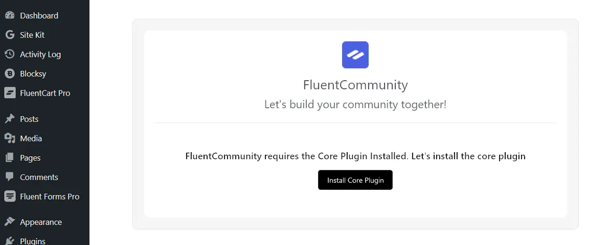 FluentCommunity plugin installation screen