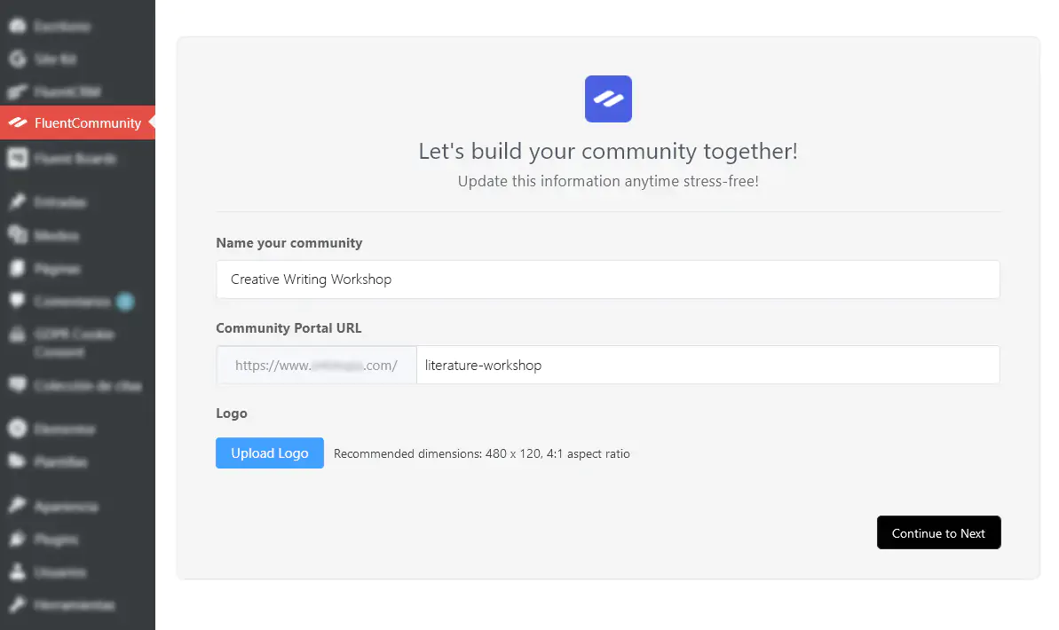 FluentCommunity setup fields for community name and portal URL
