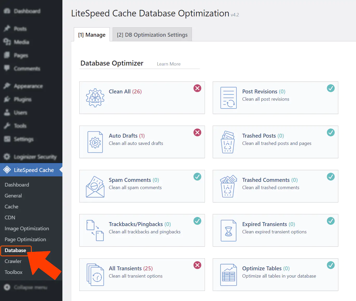 Database cleanup options in LiteSpeed Cache