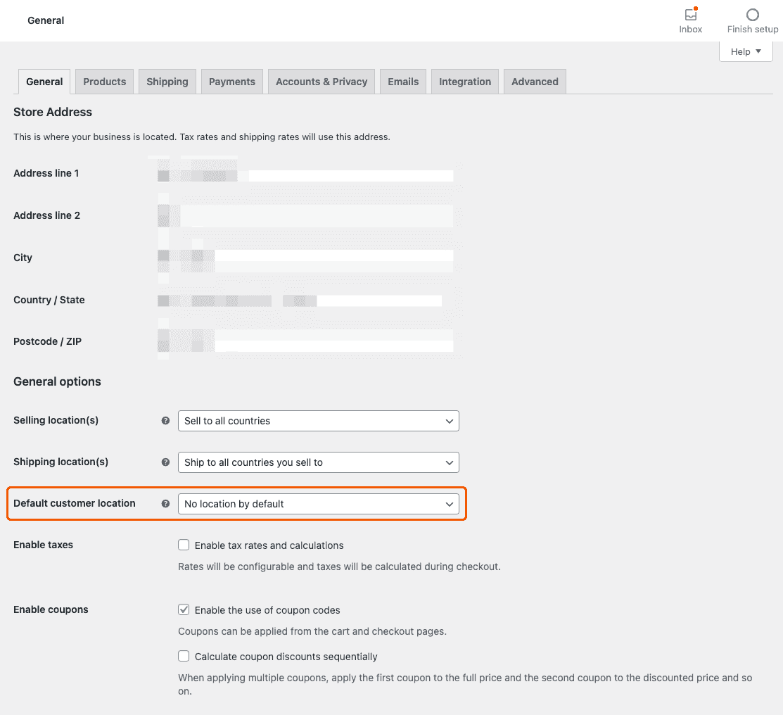WooCommerce settings for the default customer location