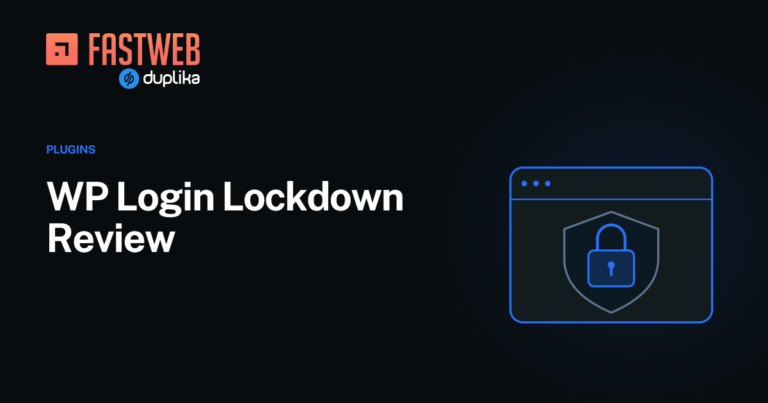WP Login Lockdown review, with a security shield, padlock and the FastWeb logo.