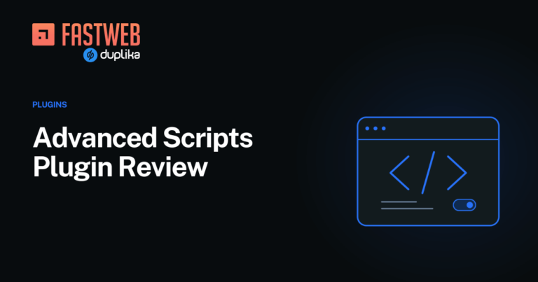Advanced Scripts plugin review, with a code-management illustration and the FastWeb logo.