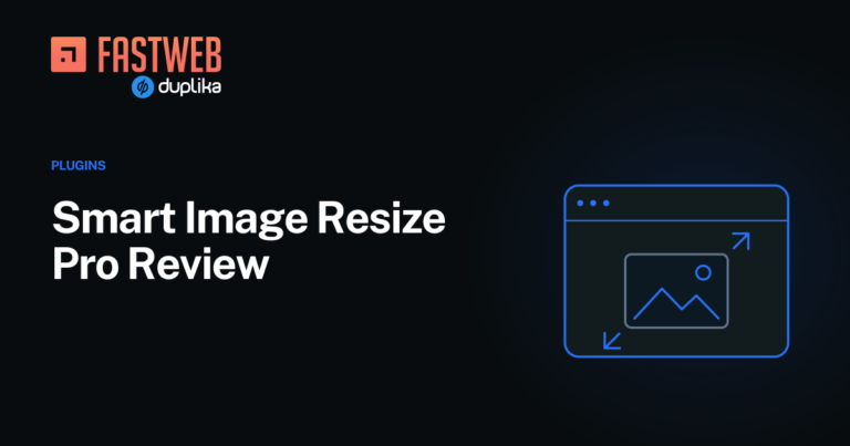 Smart Image Resize Pro review, with a photo frame, resize arrows and the FastWeb logo.