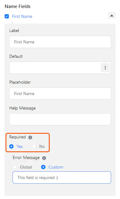 Contact Form Required Fields