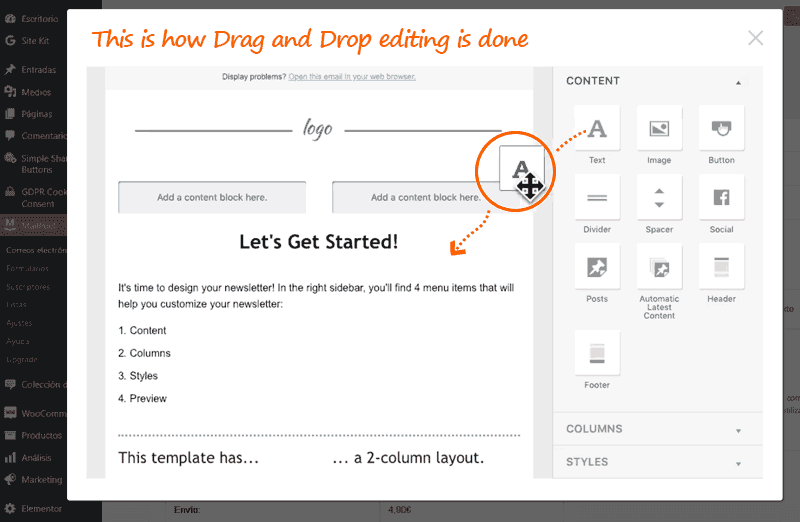 Introducción al editor visual de MailPoet