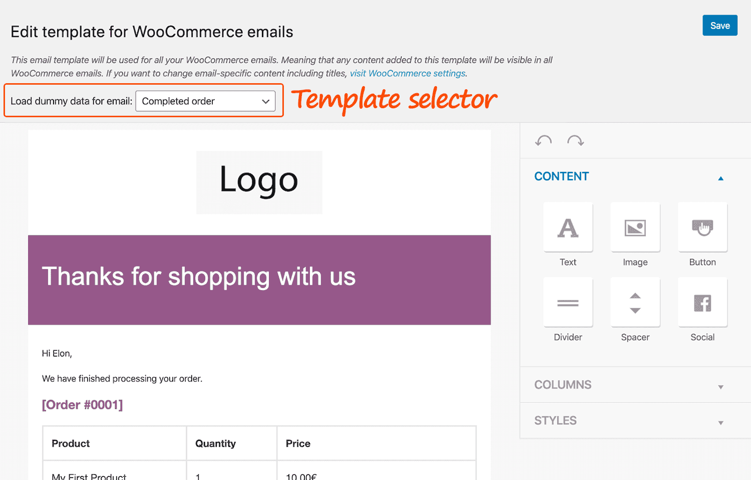 Editor de plantillas de correo de WooCommerce en MailPoet