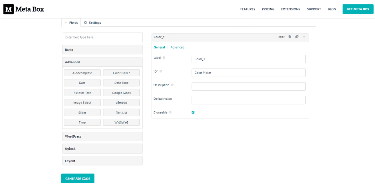 Constructor visual de campos personalizados de Meta Box