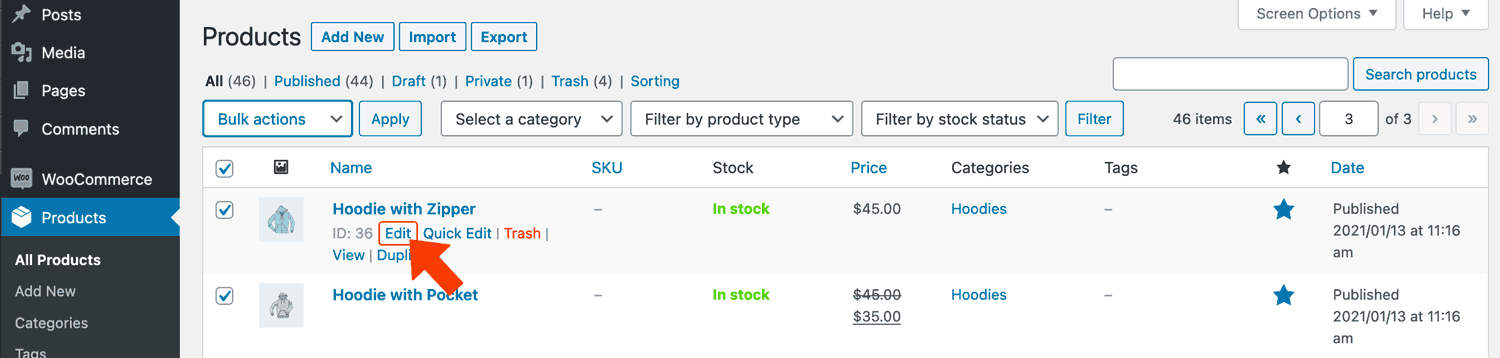 Edición de un producto de WooCommerce